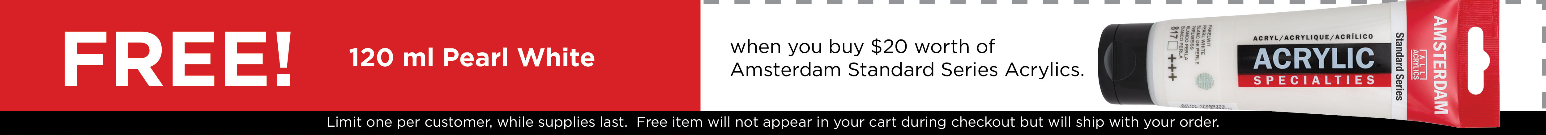 Free 120ml Pearl White when you buy $20 of Amsterdam Standard Series Acrylics. One per customer while supplies last. $9.25 value.
Amsterdam-Standard-Series-Acrylics-1200x105
