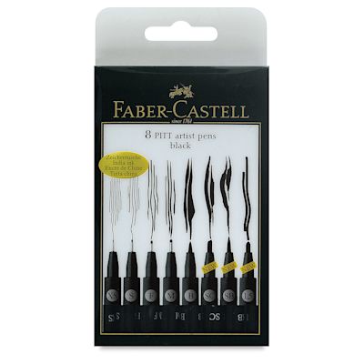 Faber-Castell Pitt Artist Pens - Black Wallet Set, Various Nibs, Set of 8 (front of package)