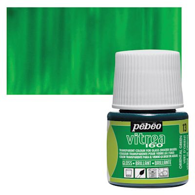 Pebeo Vitrea 160 Glass Paint - Oriental Green, Glossy, 45 ml bottle (swatch and bottle)