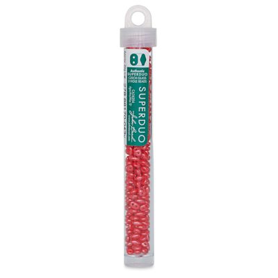 John Bead Czech Glass SuperDuo Two-Hole Beads - Coral Red, Metallic Luster, 22 g