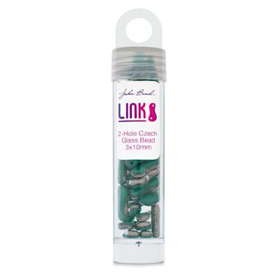 John Bead Czech Link Bead - Green Turquoise and Silver Labrador, Glossy, Halfcoat, Pkg of 40