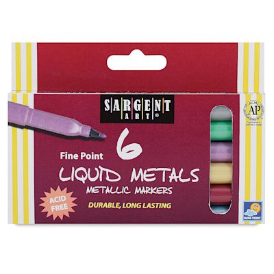 Sargent Art Liquid Metals Metallic Markers - Front of package of Set of 6 Fine point markers