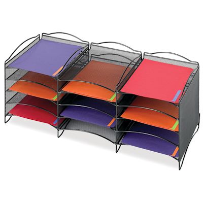Safco Onyx Mesh Literature Organizer - 12 Compartments in 3 tiers shown with paper