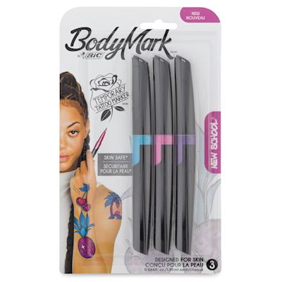 Bic BodyMark Temporary Tattoo Markers - Front of package of 3 New School Markers