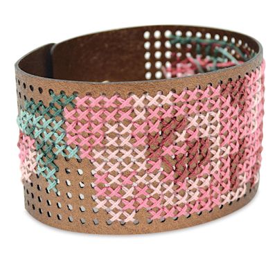 Cross Stitch Style Vegan Leather Bracelet Kit - Copper, 8-1/2'' x 1-1/2'' (Finished example.)