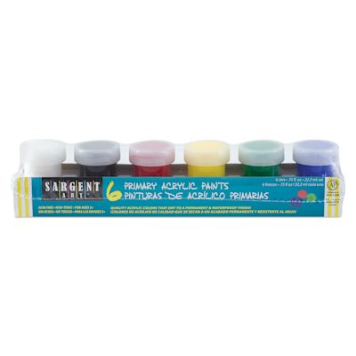 Sargent Art Acrylic Paint Pot Sets - Back of package of 12 basic colors shown
