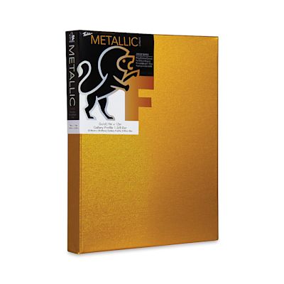 Fredrix Metallic Stretched Canvas - Angled view of Gold Metalliz Canvas with label