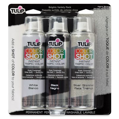 Tulip ColorShot Instant Fabric Color Spray - Front of blister package of 3 pc Essential Colors Set