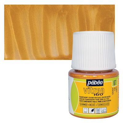 Pebeo Vitrea 160 Glass Paint - Gold, Shimmer, 45 ml bottle (swatch and bottle)