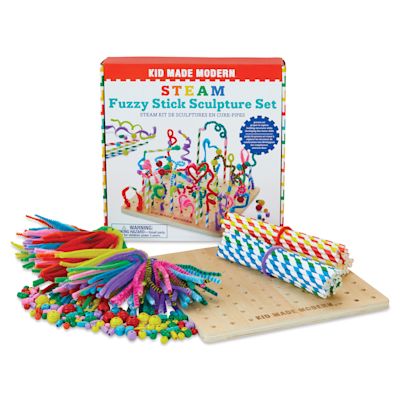 Kid Made Modern STEAM Fuzzy Stick Sculpture Set, contents laid out in front of the packaging.