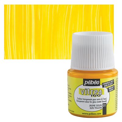 Pebeo Vitrea 160 Glass Paint - Sun Yellow, Glossy, 45 ml bottle (swatch and bottle)