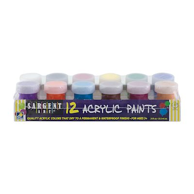 Sargent Art Acrylic Paint Pot Sets - Front of package of 12 basic colors shown