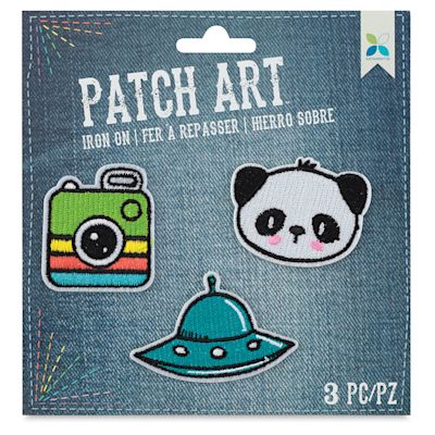 Iron-On Patch Art - Front view of 3 pc. Panda, UFO, and Camera Patch package