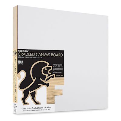 Fredrix Cradled Canvas Board - 12" x 12" x 7/8" (In packaging, angled view)