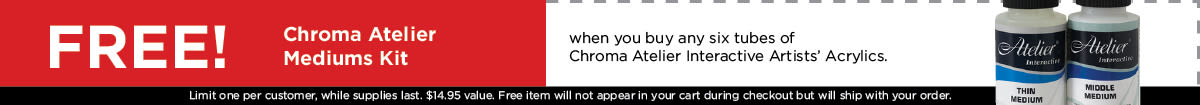 Free Chroma Atelier Mediums Kit when you buy any 6 Atelier Interactive tubes or jars. One per customer while supplies last. $14.95 value.
Chroma A2 Interactive Artists' Acrylics - Mediums Kit