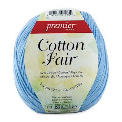 Premier Yarn Cotton Fair Yarn - Front view of Baby Blue skein with label