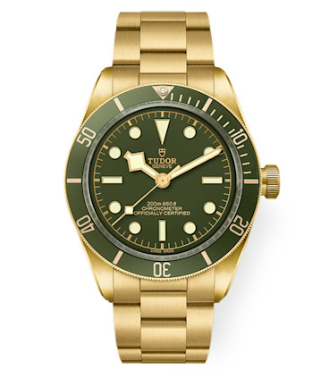 A luxury wristwatch with a gold metal strap and case. The watch features a green dial with luminous hour markers and hands, a unidirectional rotating bezel, and the brand name "Tudor" displayed on the dial.