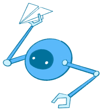 a round blue robot holds a paper airplane in the air, about to throw it