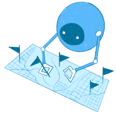 round blue robot places flags in map, symbolizing parabola's ability to process geographic data