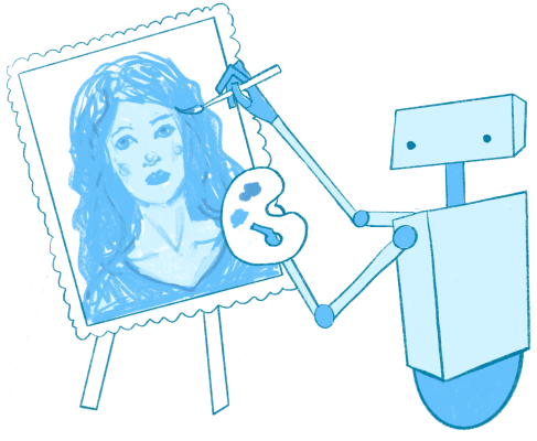 a short robot holds a brush up to a detailed oil painting of a woman, symbolizing the way parabola can enrich CRM profiles
