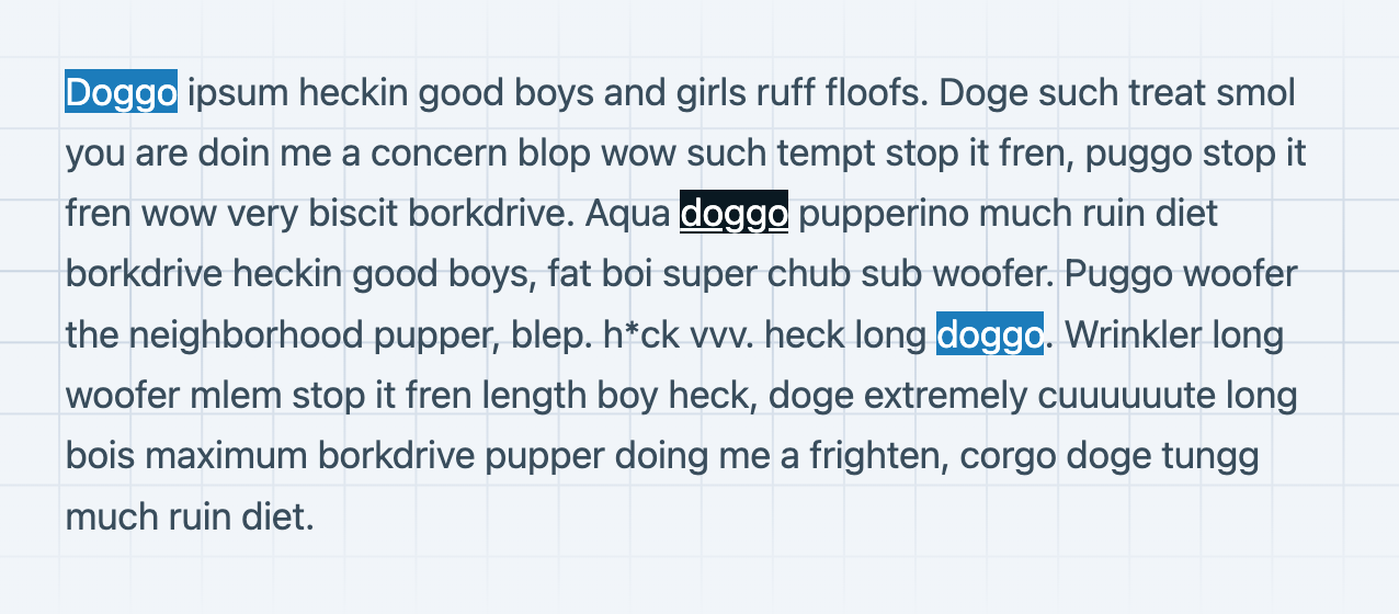 Find in page highlighting all strings in blue and the currently matching one in black.