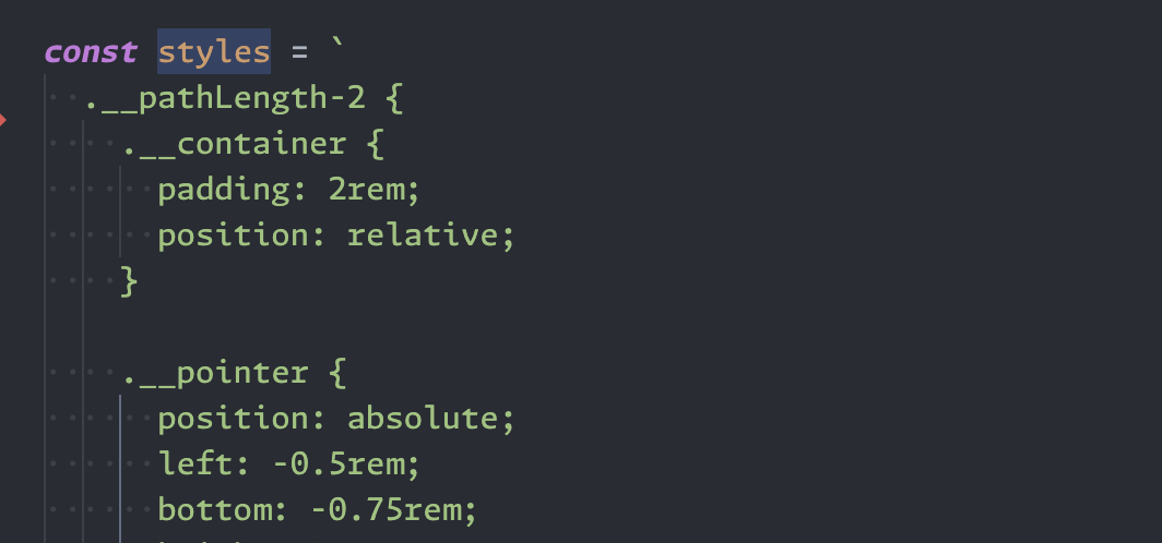 A template string without syntax highlighting applied to a `styles` variable