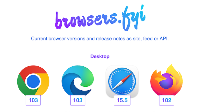 "browsers.fyi" headline followed by major browsers and their current version.