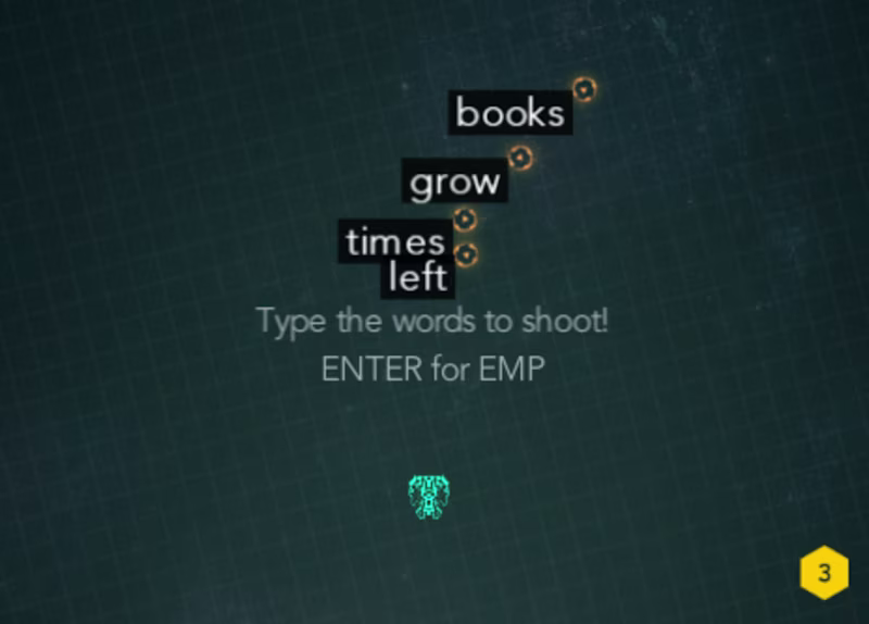 An interactive game showing a spaceship and words to be shot.