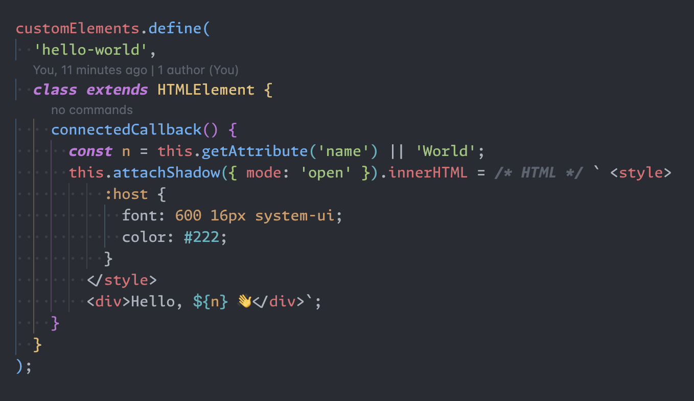 Custom Element definition with a syntax-highlighted template string containing HTML content.