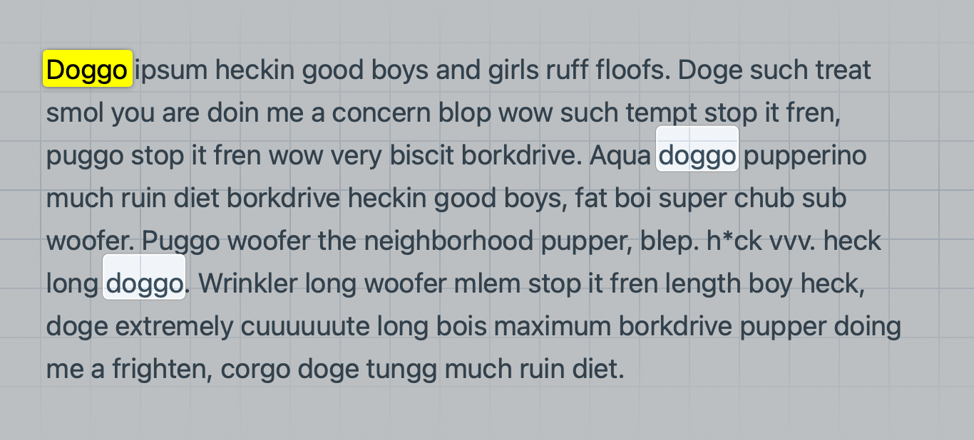 Find in page in Safari showing highlights for all matching strings while marking the currently selected one.