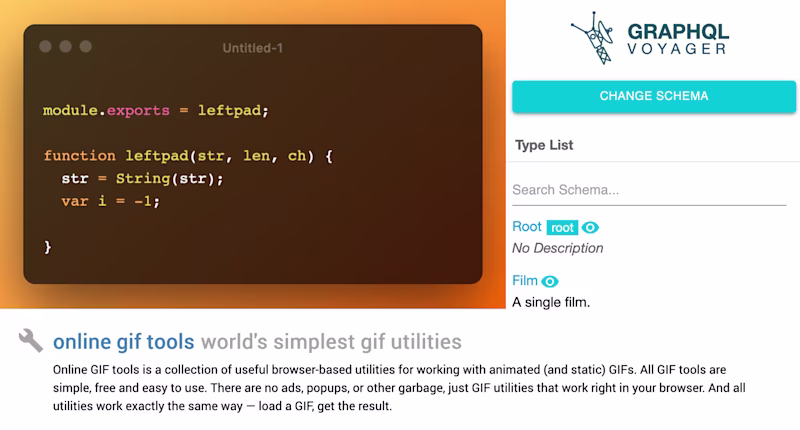 Screenshots of Ray.so, GraphQL Voyager and online gif tools