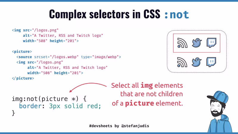DevSheet explaining complex selectors in CSS not
