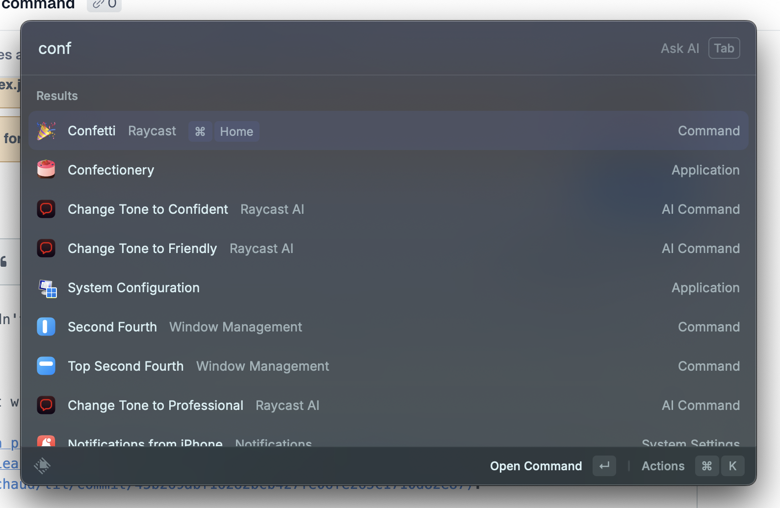Raycast UI highlighting the native confetti command.