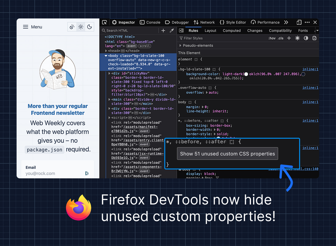 Firefox DevTools hiding "52 unused CSS properties".