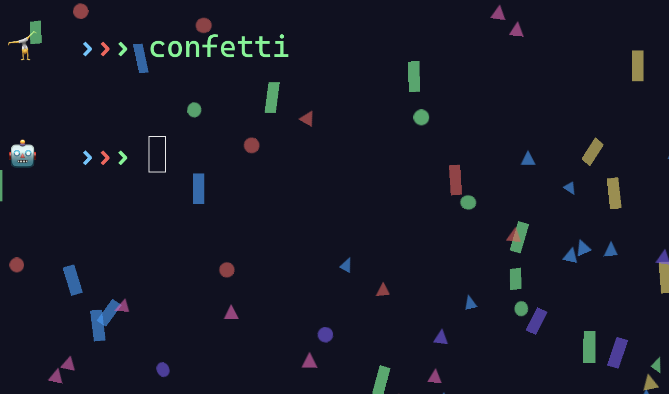Terminal executing `confetti` covered in confetti