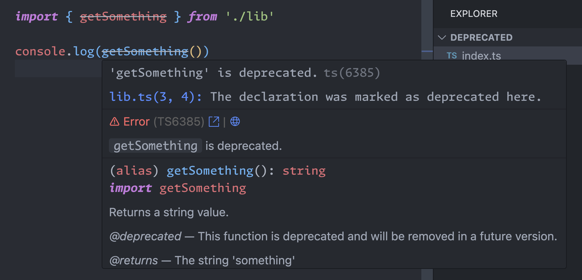 VS Code interface showing a deprecation warning and strike-through text.