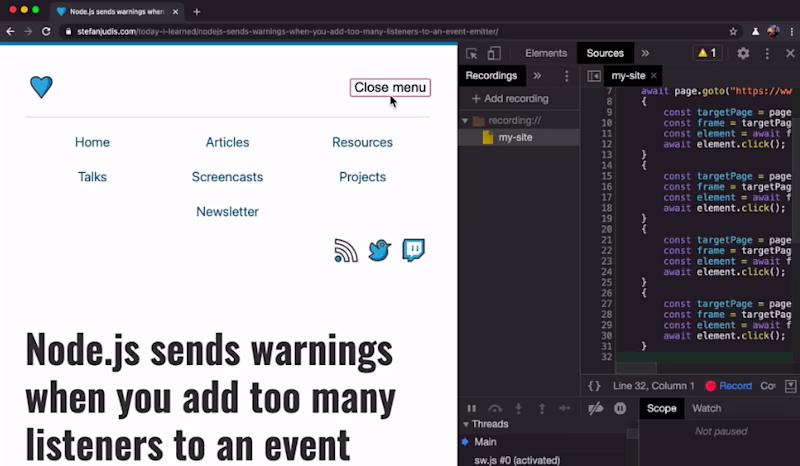Chrome devtools with an open "sources" panel to record interactions as a puppeteer script