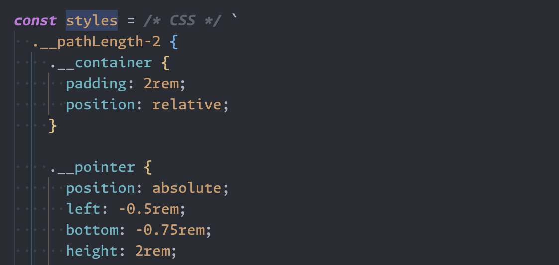 Template string with syntax highlighting assigned to a `styles` variable