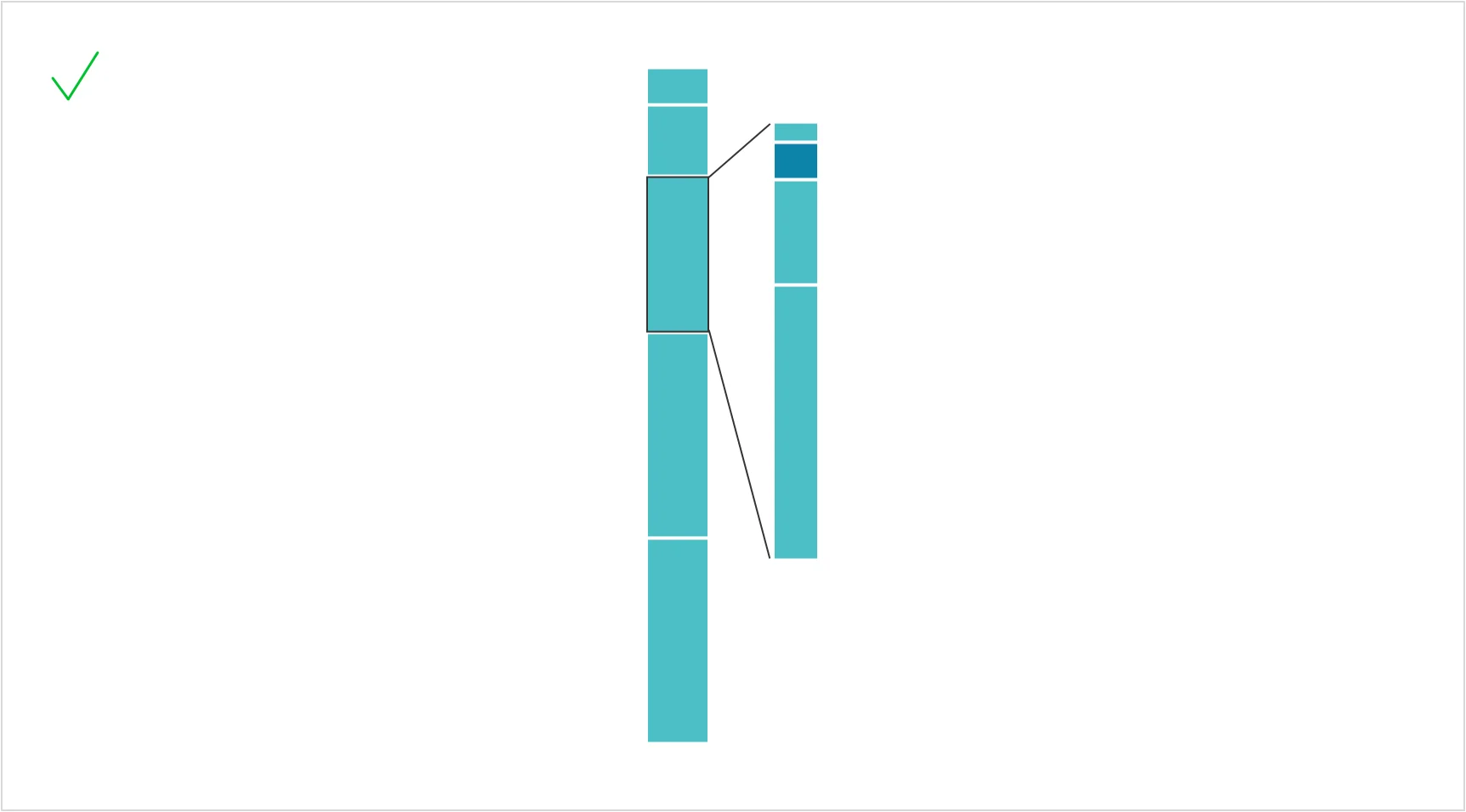 Segmented vertical bar with one section expanded into a second bar showing four subsegments, one highlighted in dark teal. A green check marks this recommended approach.