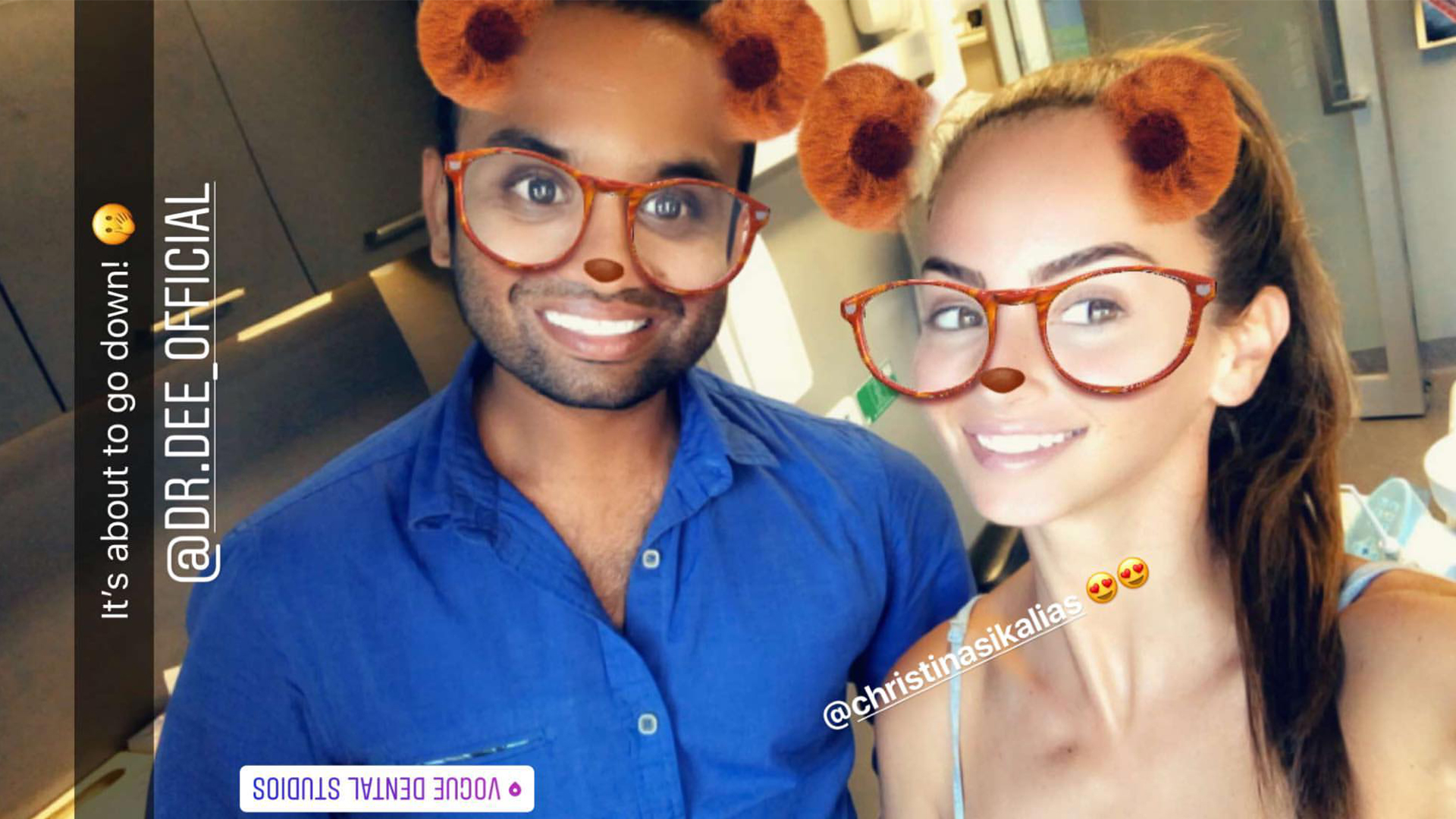 Christina Sikalias with Dr Deepan Duraisamy with mouse filter Instagram story.