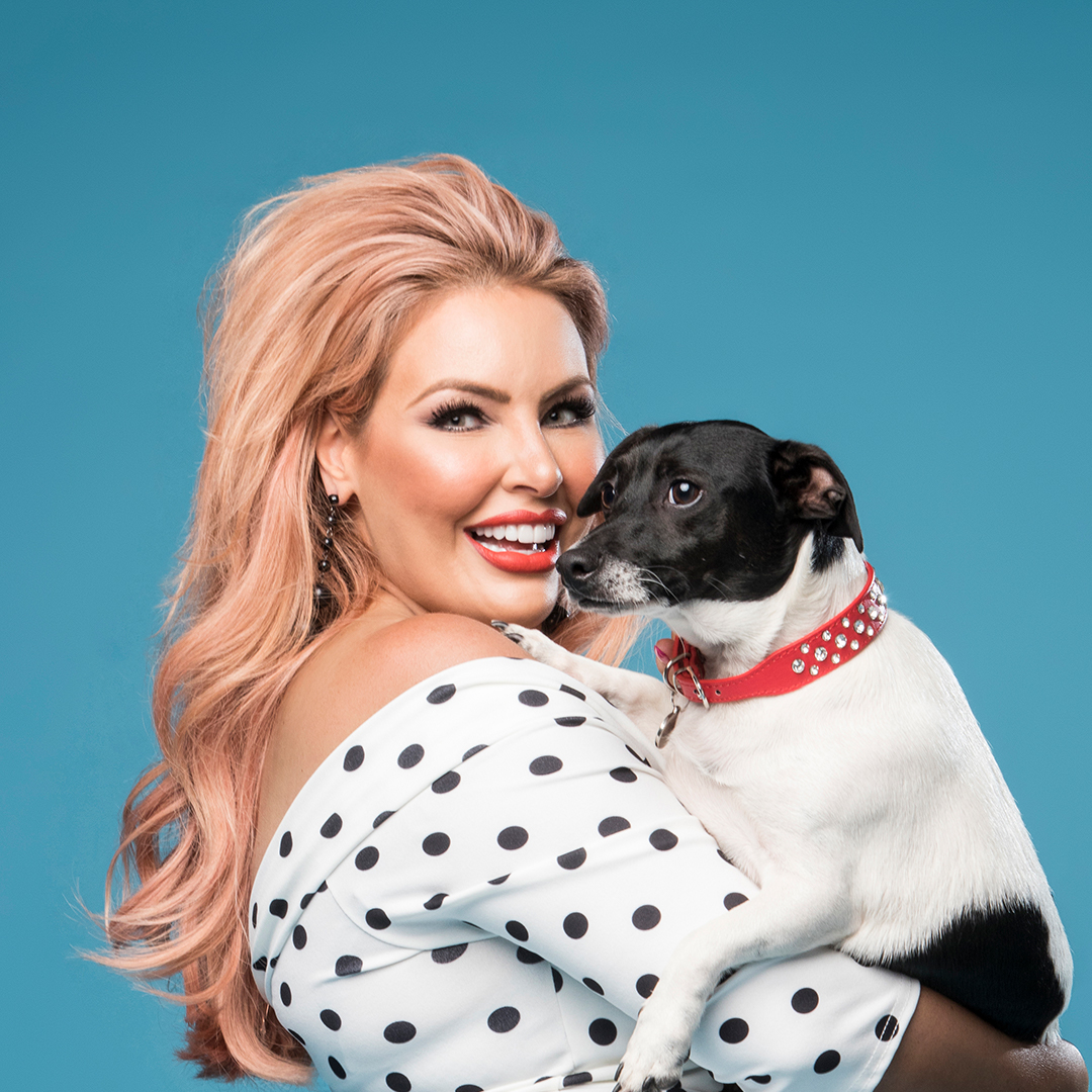 Sarah Roza from Married At First Sight with dog and porcelain veneers at Vogue Dental Studios.