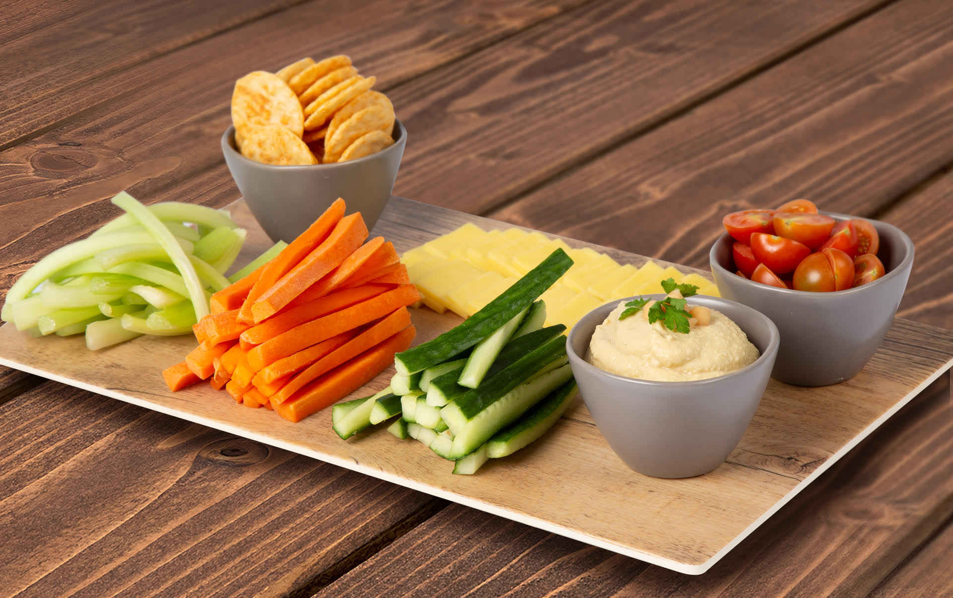 Crispy veggie, cheese and hummus dip platter