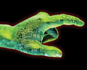 Green Robot hand touching