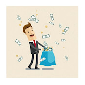 Photo of man with a bag catching dollar bills