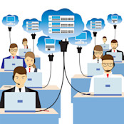 Image of plug ins from computers to technology clouds