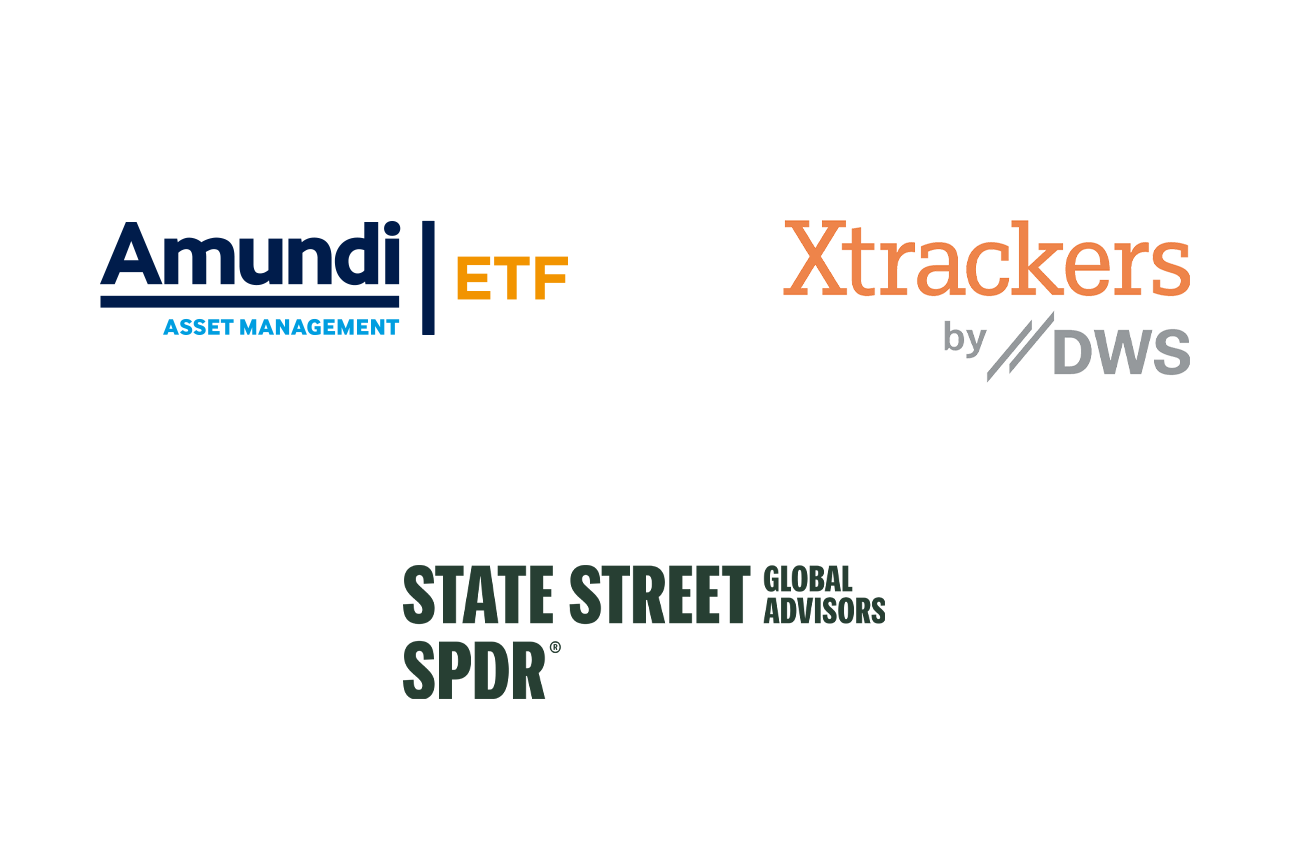 Logos von Amundi, SPDR und Xtrackers