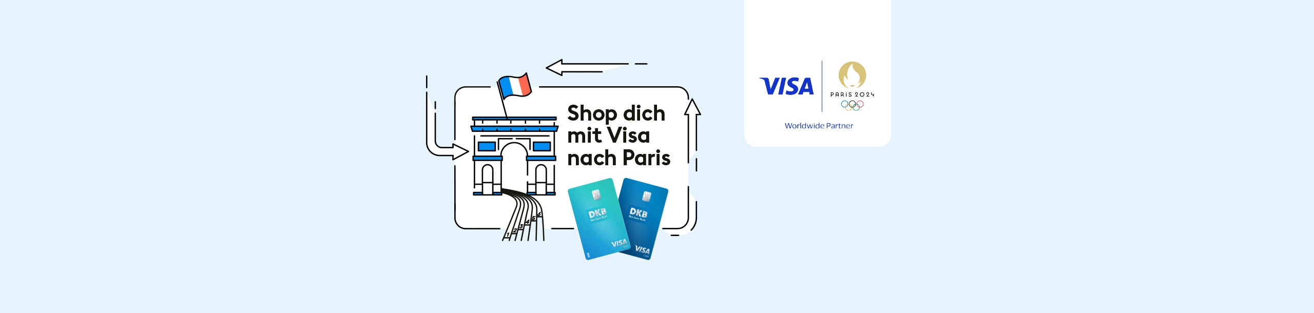 Illustration mit Eifelturm, Laufbahn, Visa Karten und den Schriftzug Shop dich mit Visa nach Paris.