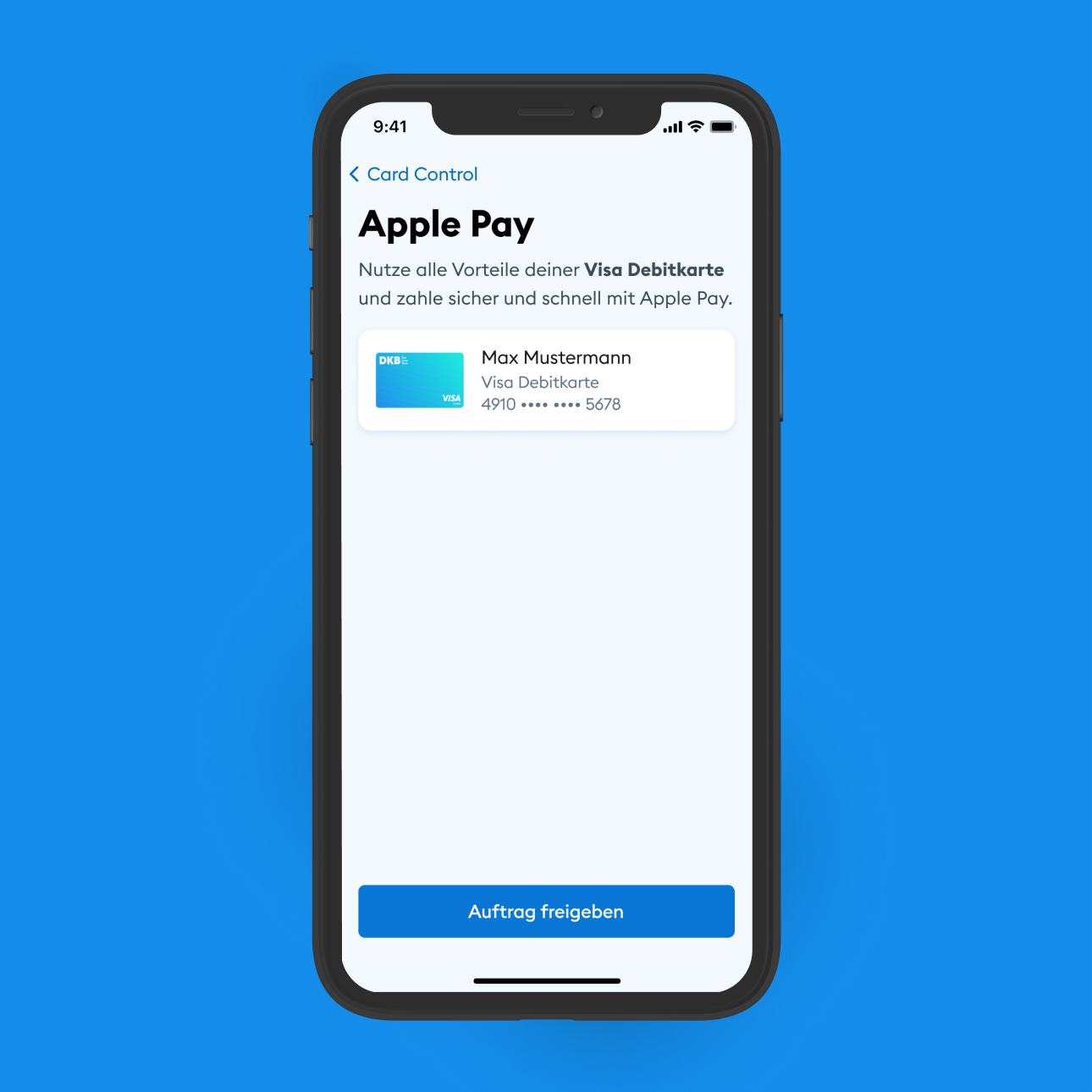 Smartphone zeigt die Card Control Einstellung in der DKB App, in der die Visa Debitkarte für Apple Pay ausgewählt wurde.