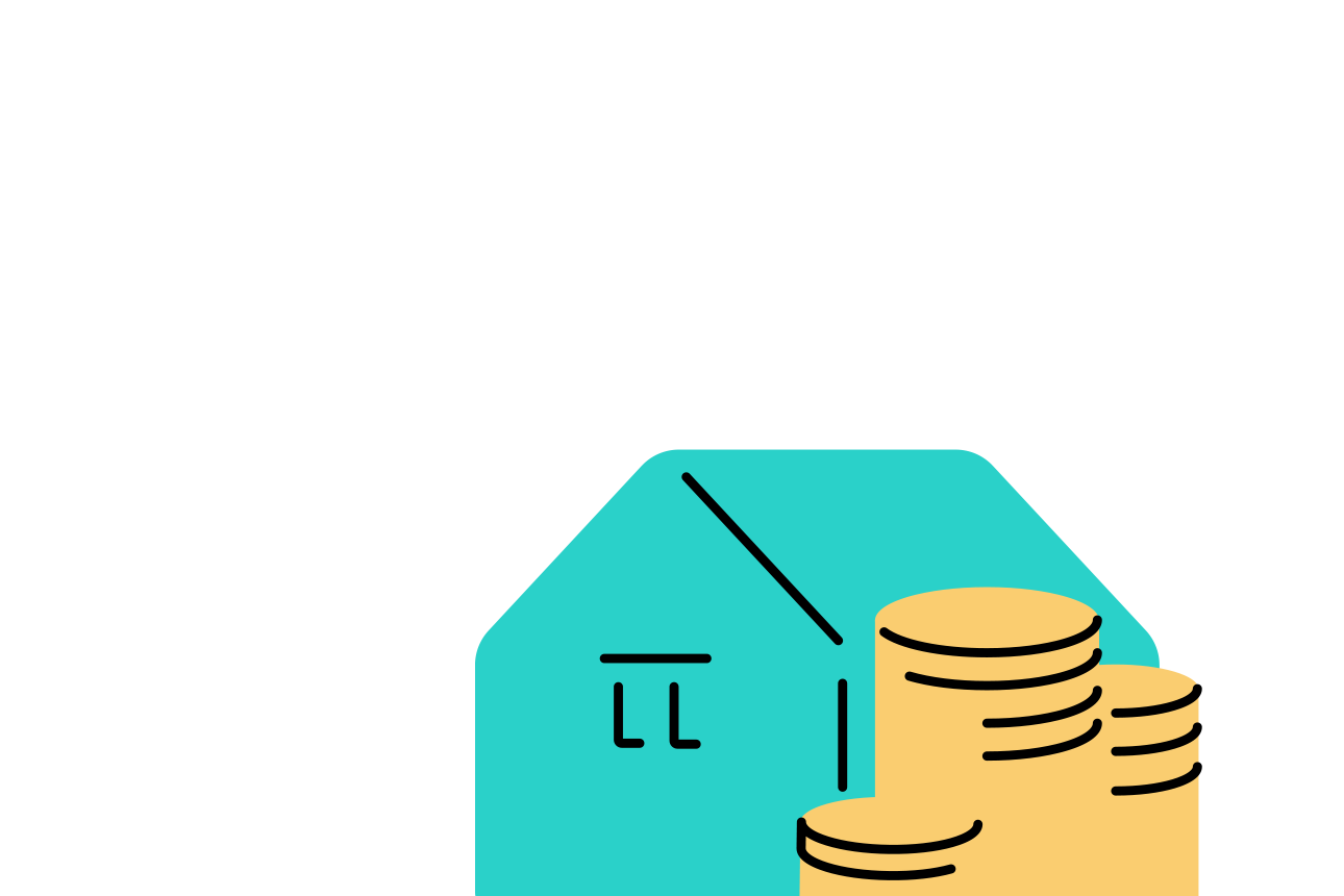 Illustration eines Hauses und einer Bausparsumme in Form von gestapelten Münzen.