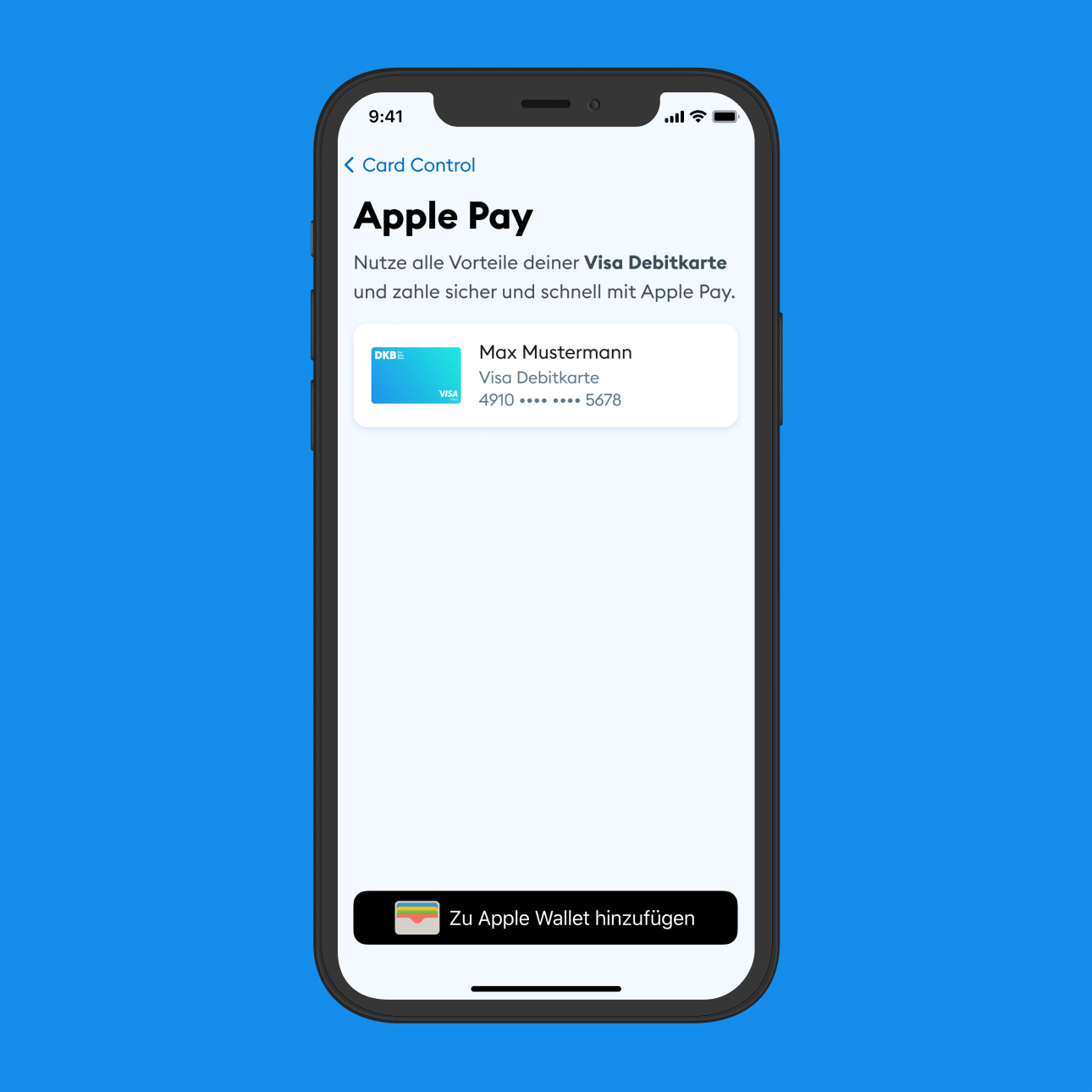 Smartphone zeigt die Card Control Einstellung in der DKB App, dass die Visa Debitkarte nun für Apple Pay aktiviert ist und zum Apple Wallet hinzugefügt werden kann.